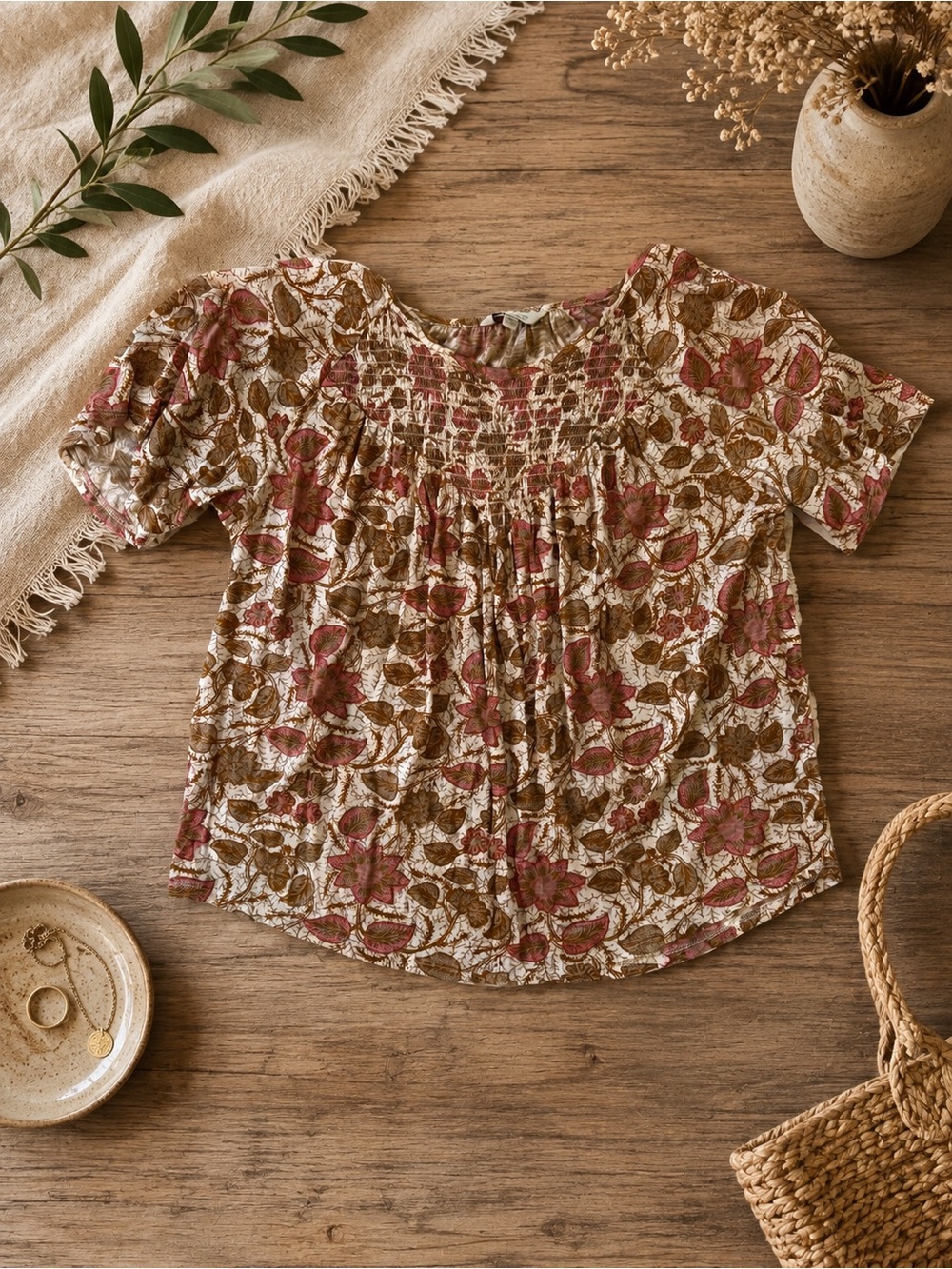 Lucky Brand Floral Smocked Scoop Neck Blouse Size S